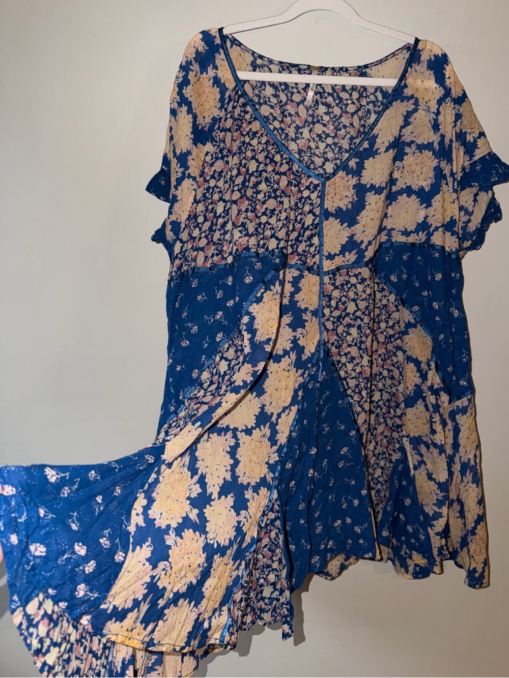 Free People Blue Floral Patchwork Boho Mini Dress Size Large
